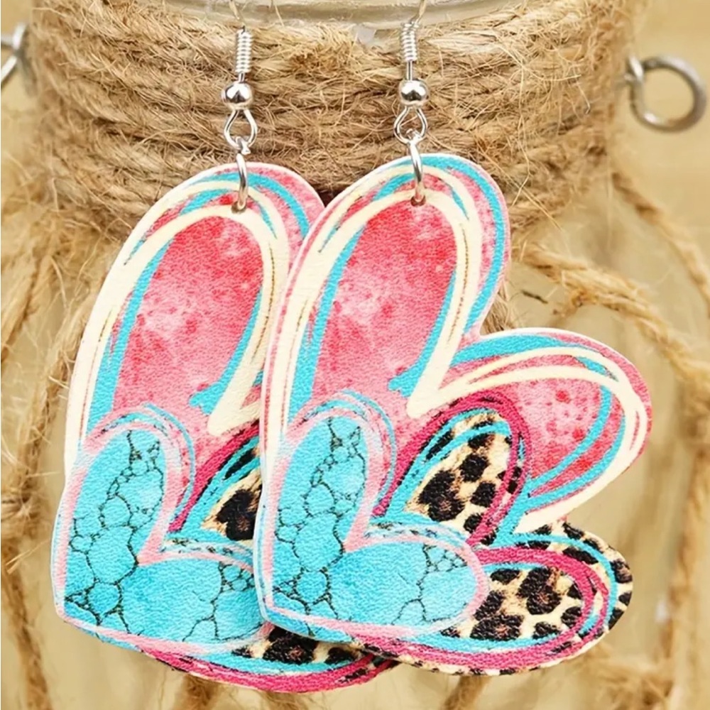 Leopard Print & Tie-Dye Heart Faux Leather Earrings - Picture 1 of 2